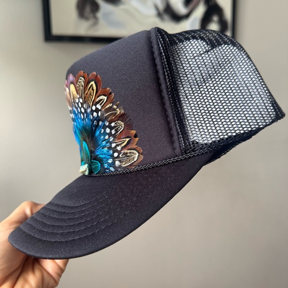 ‘The Boho Bloom’ Handmade Boho Feather Trucker Hat - Picture 3 of 4